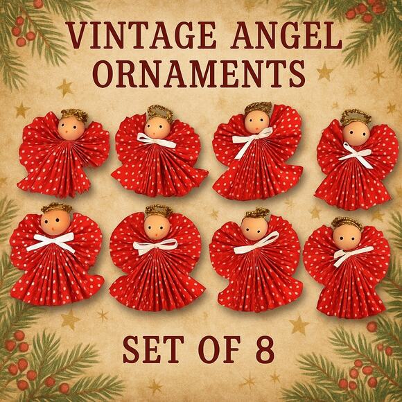 Vintage Red Polka Dot Angel Ornaments – Set of 8 Handmade Angels - Picture 2 of 9